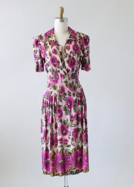 Vintage Early 1940s Fuchsia Floral Jersey Day Dress