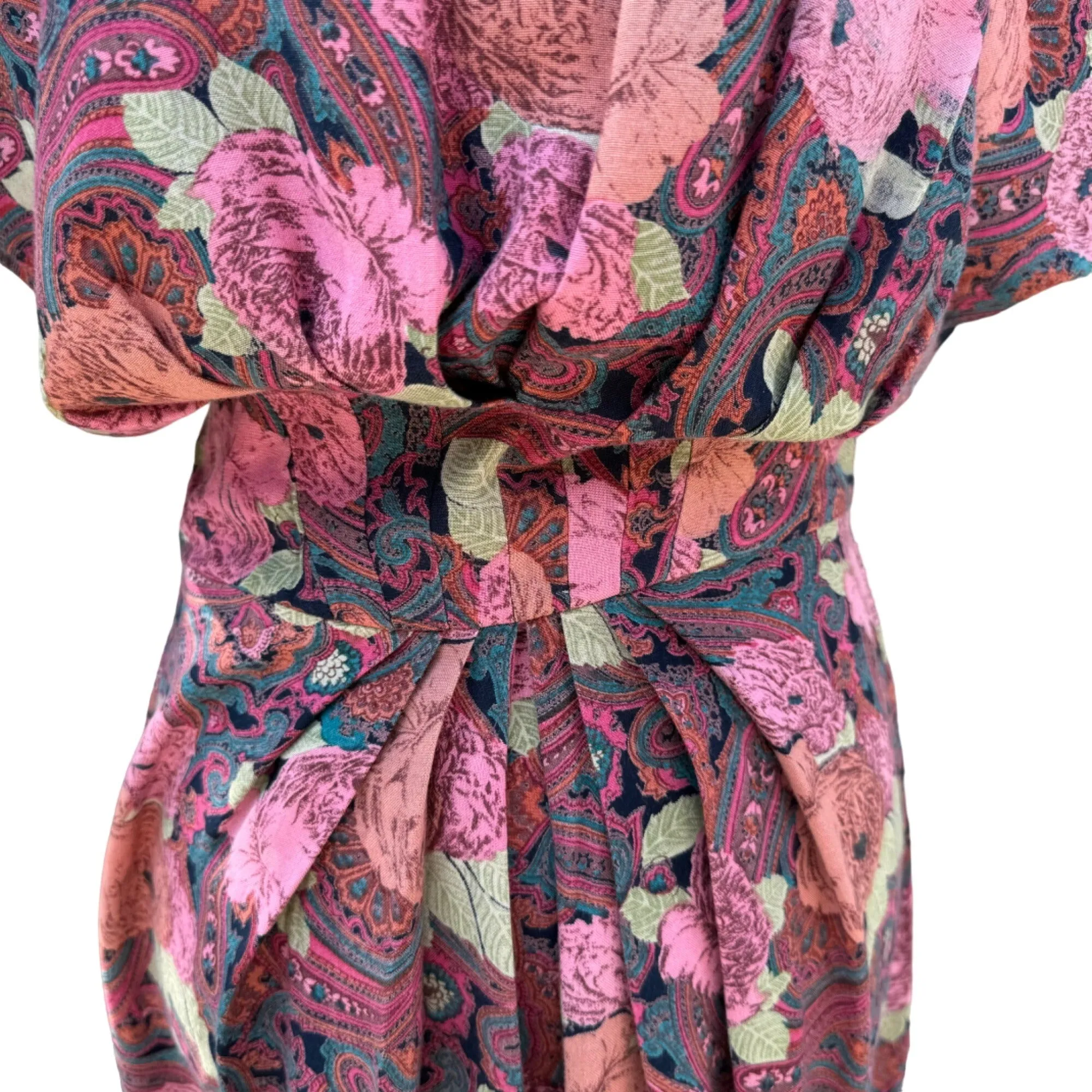 Vintage Women's Pink Floral Paisley Print Pleat Waist Short Dolman Sleeve Dress