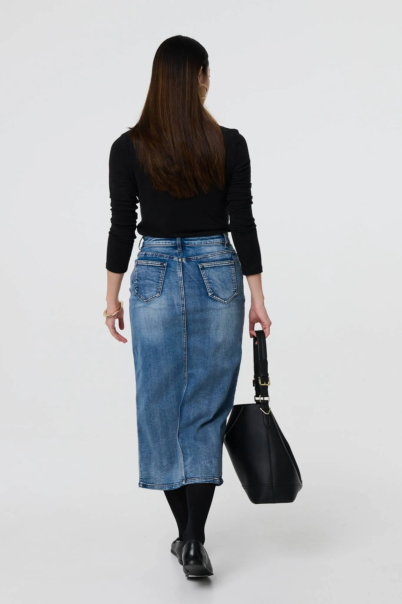 Washed Denim Split Hem Knee Length Skirt