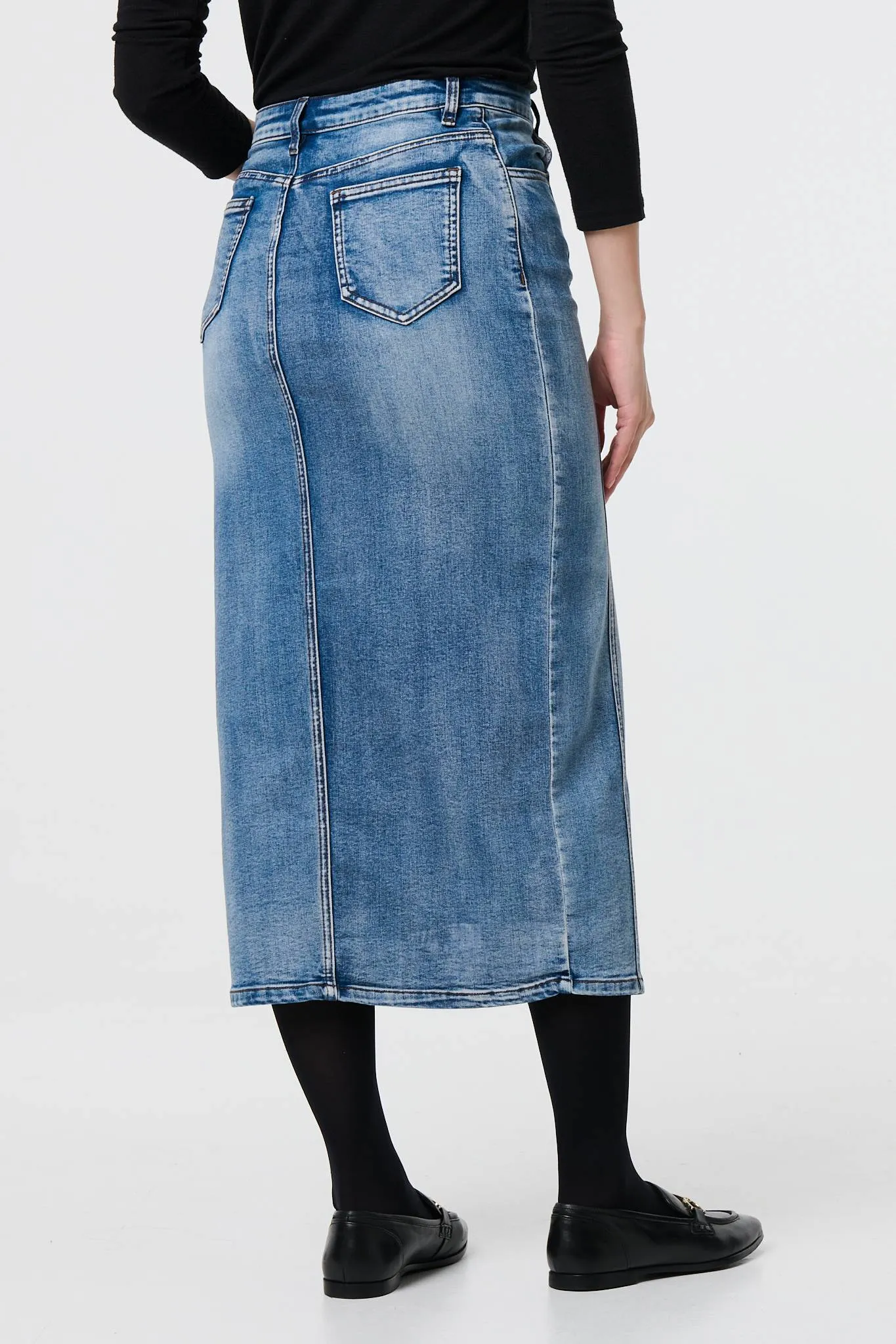 Washed Denim Split Hem Knee Length Skirt