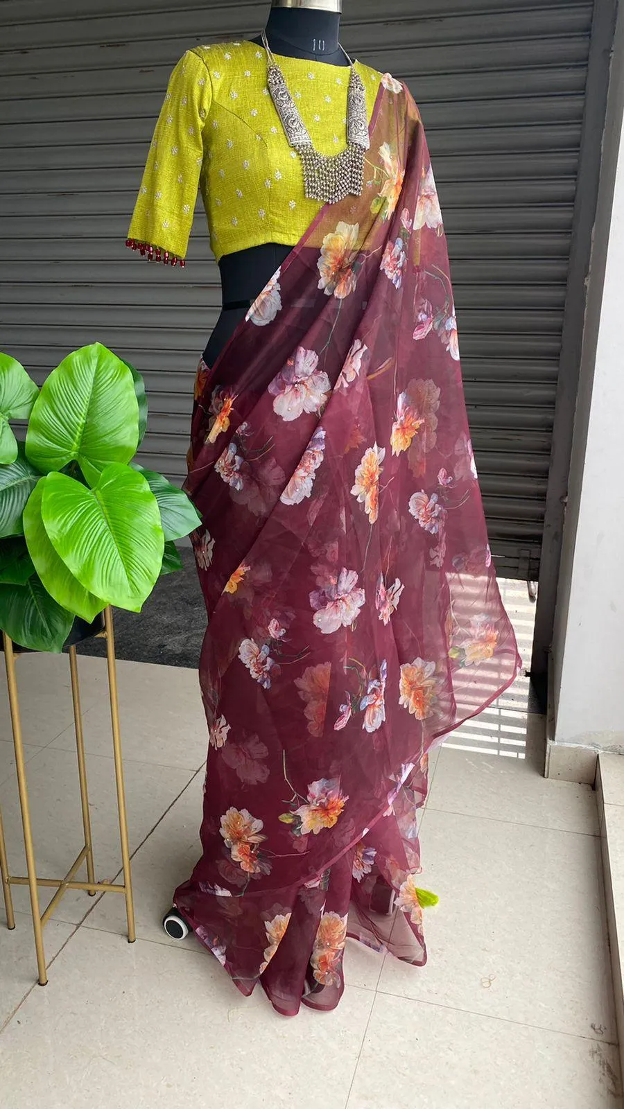 Wine Organza floral saree with heavy embroidery blouse