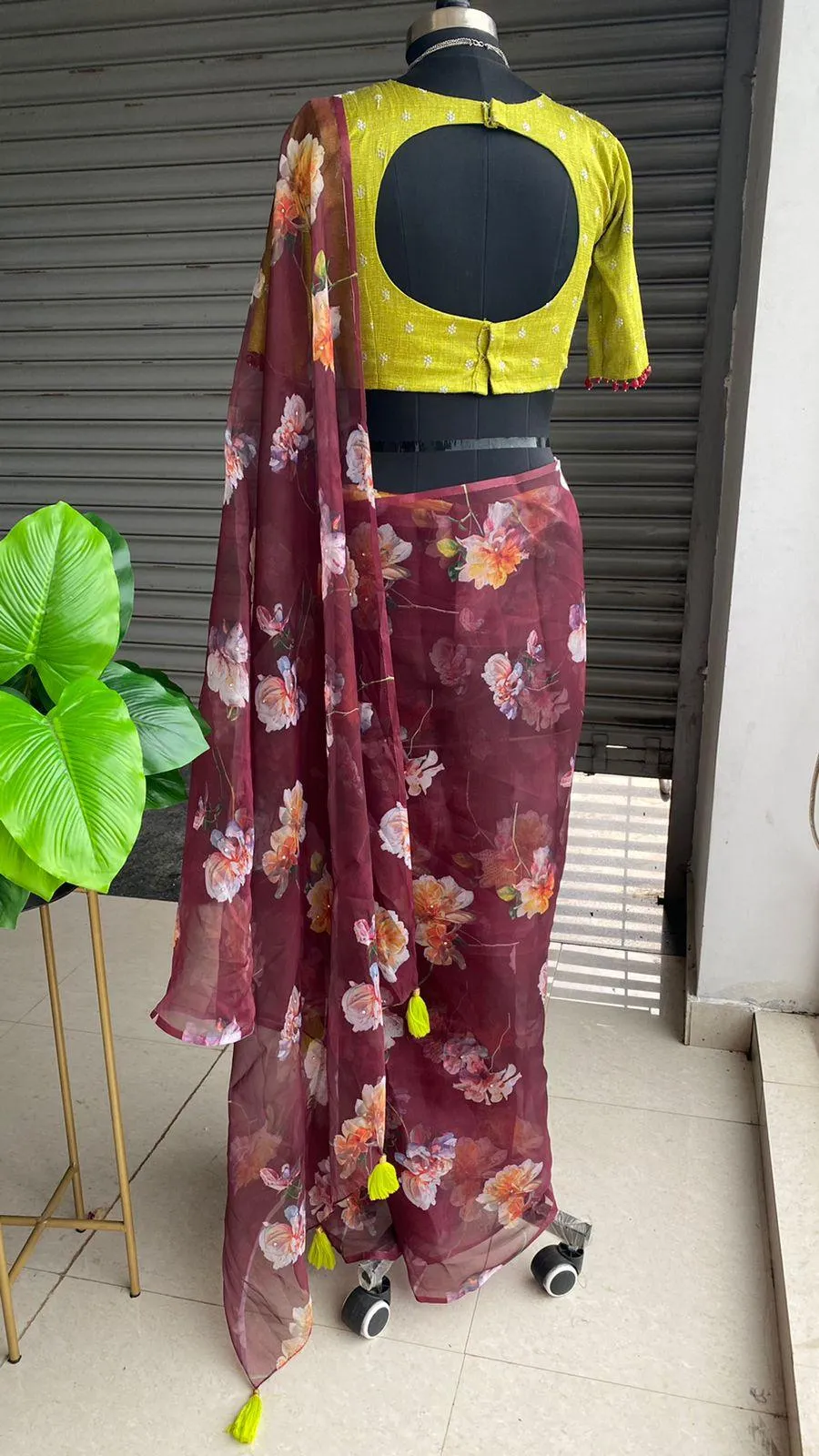 Wine Organza floral saree with heavy embroidery blouse