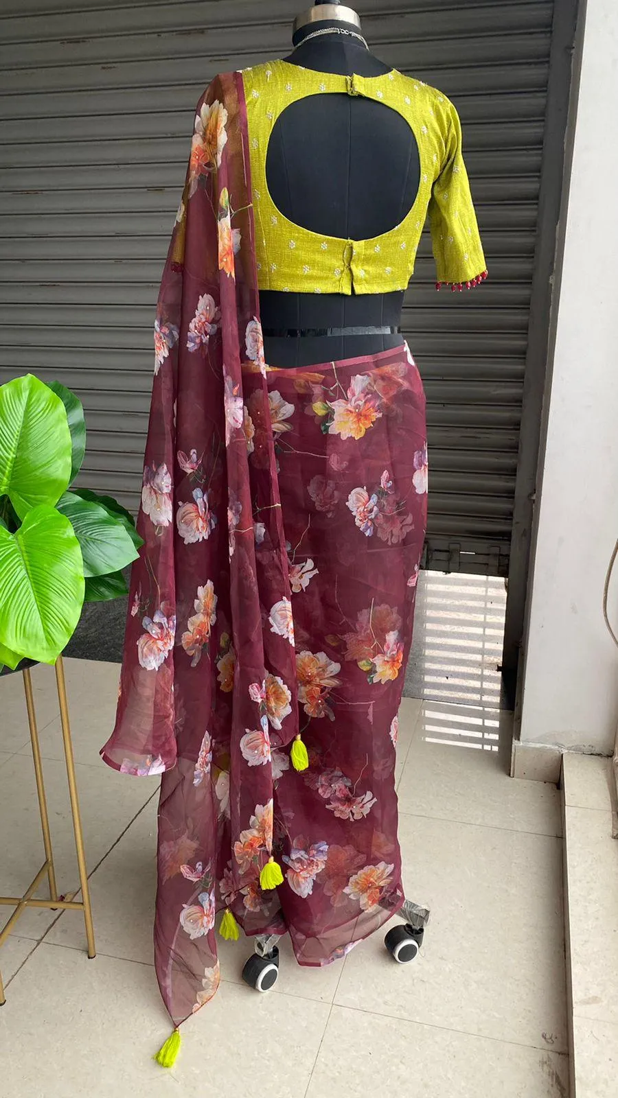 Wine Organza floral saree with heavy embroidery blouse