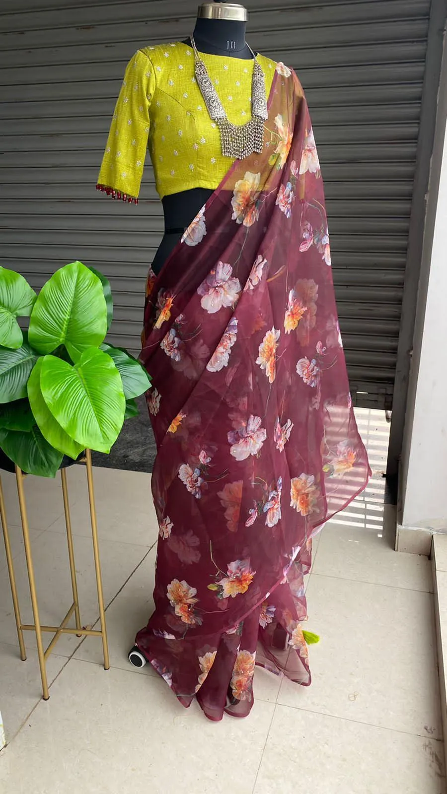 Wine Organza floral saree with heavy embroidery blouse