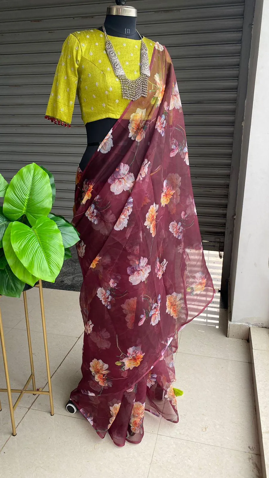 Wine Organza floral saree with heavy embroidery blouse