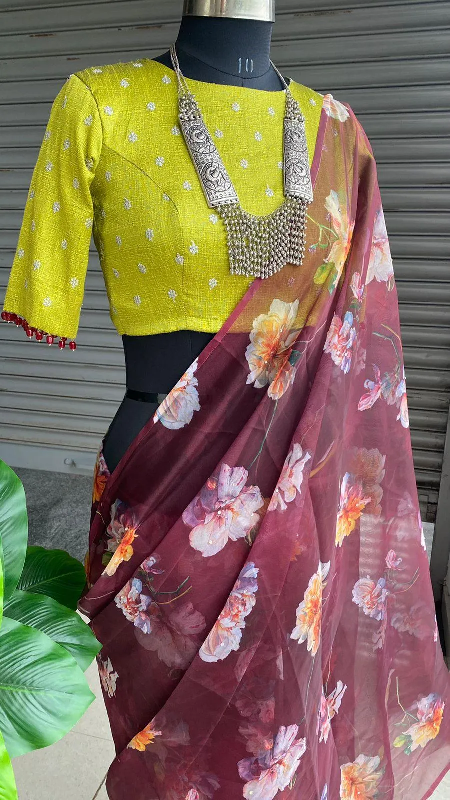 Wine Organza floral saree with heavy embroidery blouse