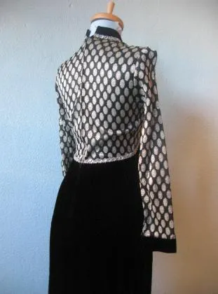 Women's 70s Dress Black Velvet Silver Sparkle Dot Empire Long Vintage Extra Small to Small VFG