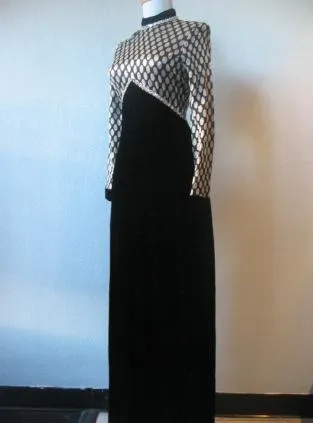 Women's 70s Dress Black Velvet Silver Sparkle Dot Empire Long Vintage Extra Small to Small VFG